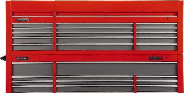 Proto - 15 Drawer Top Tool Chest - 88-1/4" Wide x 27" Deep x 27-1/4" High, Steel, Safety Red/Gray - Exact Tooling