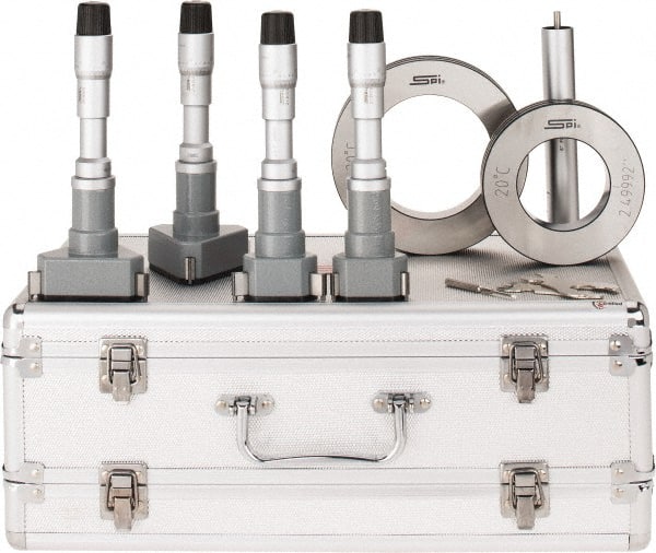 SPI - 4 Piece, 2 to 4", Chrome Plated Coated, Mechanical Inside Micrometer Set - 0.0002" Graduation, 6" Extension Rod Length, (2) Setting Rings Included - Exact Tooling