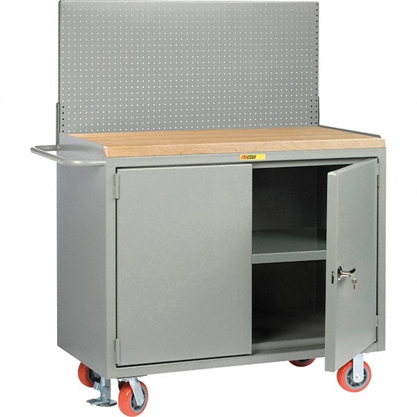 Little Giant - 3,600 Lb Capacity, 3 Shelf, 2 Door Mobile Bench Cabinet with Pegboard Panel - 41" Wide x 24" Deep x 43" High, Steel, Gray - Exact Tooling