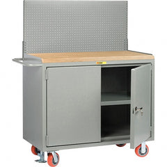 Little Giant - 3,600 Lb Capacity, 3 Shelf, 2 Door Mobile Bench Cabinet with Pegboard Panel - 53" Wide x 24" Deep x 43" High, Steel, Gray - Exact Tooling