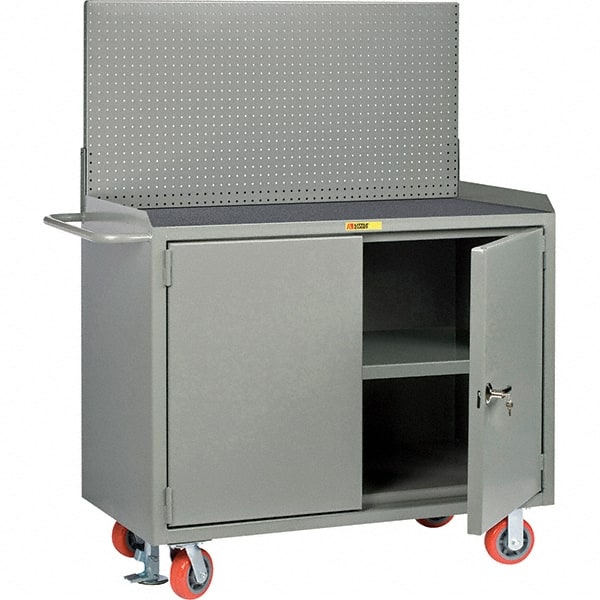 Little Giant - 3,600 Lb Capacity, 3 Shelf, 2 Door Mobile Bench Cabinet with Pegboard Panel - 41" Wide x 24" Deep x 43" High, Steel, Gray - Exact Tooling
