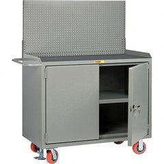 Little Giant - 3,600 Lb Capacity, 3 Shelf, 2 Door Mobile Bench Cabinet with Pegboard Panel - 41" Wide x 24" Deep x 43" High, Steel, Gray - Exact Tooling