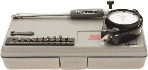 SPI - 9 Anvil, 0.4 to 0.7" Dial Bore Gage - 0.0001" Graduation, 4" Gage Depth, Accurate to 0.0003", Carbide Ball - Exact Tooling