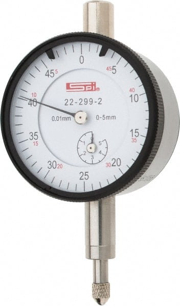 SPI - 5mm Range, 0-50 Dial Reading, 0.01mm Graduation Dial Drop Indicator - 42mm Dial, 0.5mm Range per Revolution, 0.016mm Accuracy, Includes NIST Traceability Certification - Exact Tooling