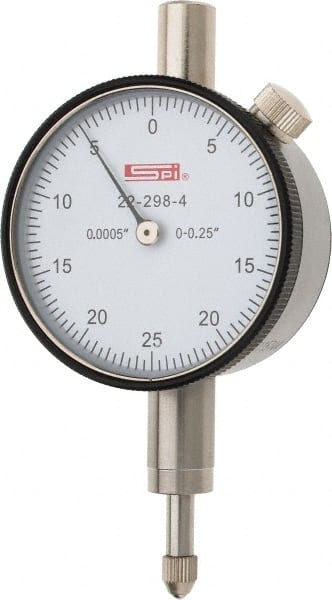 SPI - 1/4" Range, 0-25-0 Dial Reading, 0.0005" Graduation Dial Drop Indicator - 1.61" Dial, 0.05" Range per Revolution, 0.0005" Accuracy, Includes NIST Traceability Certification - Exact Tooling