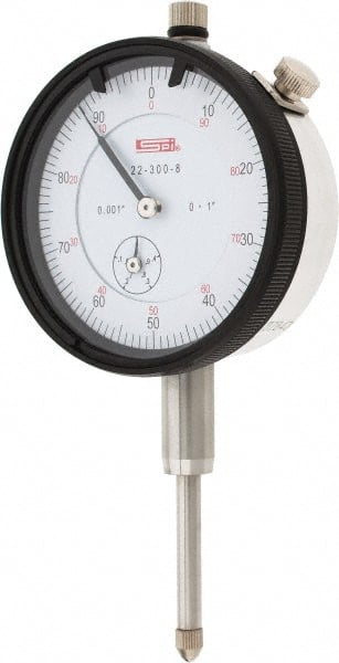 SPI - 1" Range, 0-100 Dial Reading, 0.001" Graduation Dial Drop Indicator - 2.2" Dial, 0.1" Range per Revolution, 0.002" Accuracy, Revolution Counter, Includes NIST Traceability Certification - Exact Tooling