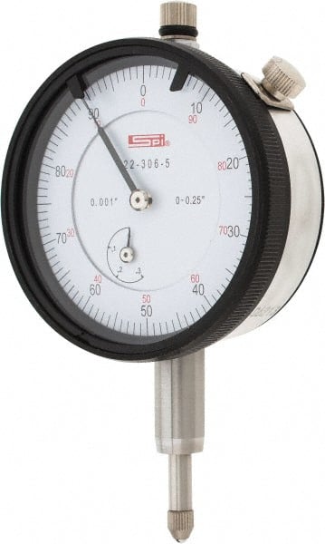 SPI - 1/4" Range, 0-100 Dial Reading, 0.001" Graduation Dial Drop Indicator - 2.2" Dial, 0.1" Range per Revolution, 0.002" Accuracy, Revolution Counter, Includes NIST Traceability Certification - Exact Tooling