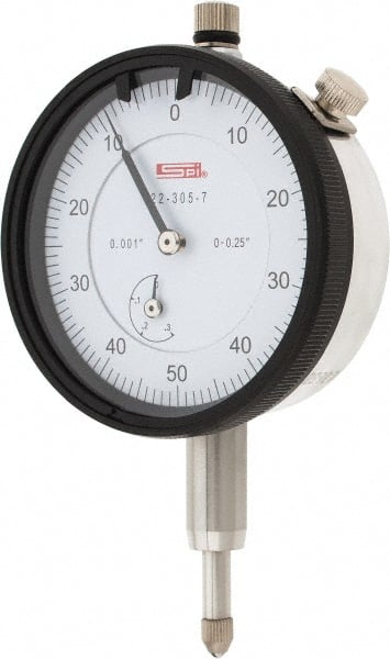 SPI - 1/4" Range, 0-50-0 Dial Reading, 0.001" Graduation Dial Drop Indicator - 2.2" Dial, 0.1" Range per Revolution, 0.002" Accuracy, Revolution Counter - Exact Tooling