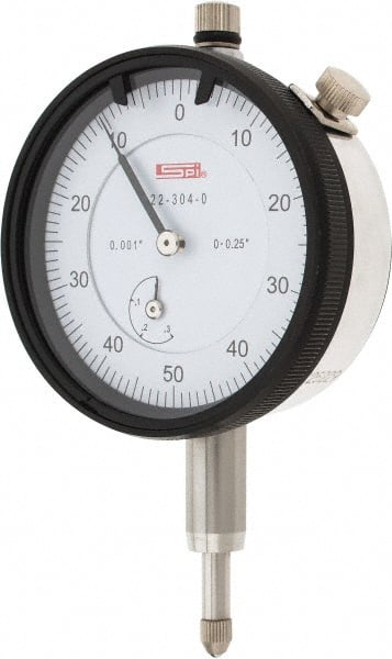 SPI - 1/4" Range, 0-50-0 Dial Reading, 0.001" Graduation Dial Drop Indicator - 2.2" Dial, 0.1" Range per Revolution, 0.002" Accuracy, Revolution Counter, Includes NIST Traceability Certification - Exact Tooling
