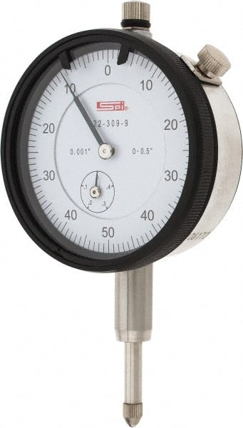 SPI - 1/2" Range, 0-50-0 Dial Reading, 0.001" Graduation Dial Drop Indicator - 2.2" Dial, 0.1" Range per Revolution, 0.002" Accuracy, Revolution Counter, Includes NIST Traceability Certification - Exact Tooling