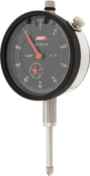 SPI - 1" Range, 0-100 Dial Reading, 0.001" Graduation Dial Drop Indicator - 2.2" Dial, 0.1" Range per Revolution, 0.002" Accuracy, Revolution Counter, Includes NIST Traceability Certification - Exact Tooling