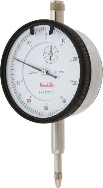 SPI - 10mm Range, 0-100 Dial Reading, 0.01mm Graduation Dial Drop Indicator - 58mm Dial, 1mm Range per Revolution, 0.02mm Accuracy, Revolution Counter, Includes NIST Traceability Certification - Exact Tooling