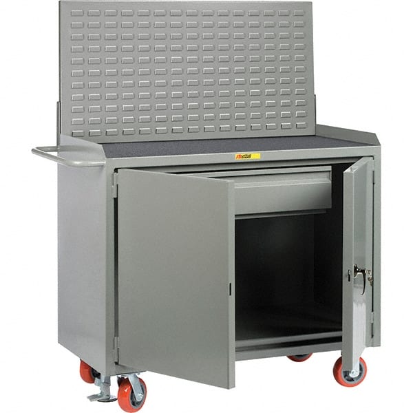 Little Giant - 3,600 Lb Capacity, 2 Shelf, 1 Drawer, 2 Door Mobile Bench Cabinet with Louvered Panel - 41" Wide x 24" Deep x 43" High, Steel, Gray - Exact Tooling