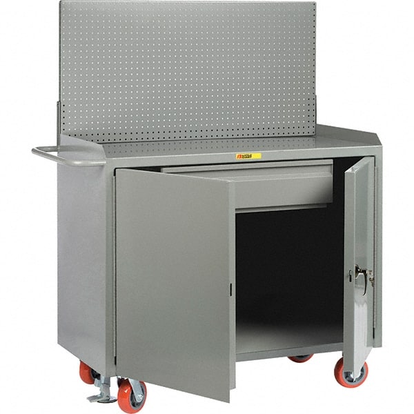 Little Giant - 3,600 Lb Capacity, 2 Shelf, 1 Drawer, 2 Door Mobile Bench Cabinet with Pegboard Panel - 41" Wide x 24" Deep x 43" High, Steel, Gray - Exact Tooling