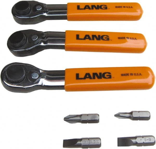 Lang - 7 Piece, Silver/Orange/Black Ratcheting Bit Driver Set - For Use with Various Applications - Exact Tooling