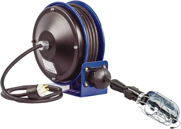 CoxReels - 16 AWG, 30' Cable Length, Cord & Cable Reel with Incandescent Hand Lamp with Tool Tap Plug End - 1 Outlet, NEMA 5-15R, 13 Amps, 115 Volts, SJTO Cable, Blue Reel, Spring Driven Reel - Exact Tooling