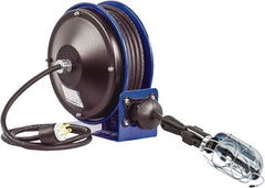 CoxReels - 16 AWG, 30' Cable Length, Cord & Cable Reel with Incandescent Hand Lamp with Tool Tap Plug End - 1 Outlet, NEMA 5-15R, 13 Amps, 115 Volts, SJTO Cable, Blue Reel, Spring Driven Reel - Exact Tooling