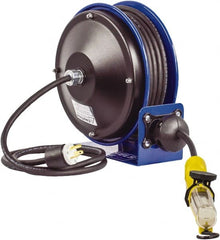 CoxReels - 16 AWG, 30' Cable Length, Cord & Cable Reel with Fluorescent Angle Light with Tool Tap Plug End - 1 Outlet, NEMA 5-15R, 13 Amps, 115 Volts, SJTO Cable, Blue Reel, Spring Driven Reel - Exact Tooling
