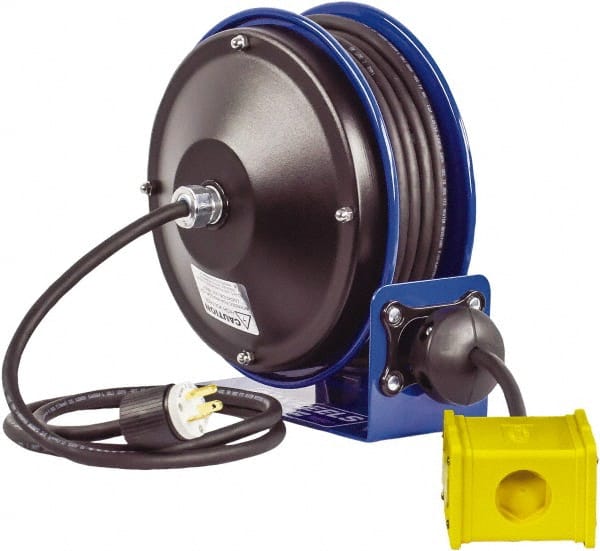CoxReels - 12 AWG, 30' Cable Length, Cord & Cable Reel with Quad Outlet End - 4 Outlets, NEMA 5-20R, 20 Amps, 115 Volts, SJO Cable, Blue Reel, Spring Driven Reel - Exact Tooling