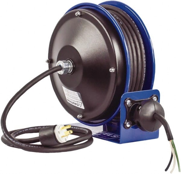 CoxReels - 16 AWG, 30' Cable Length, Cord & Cable Reel with Bare End - 0 Outlets, 13 Amps, 300 Volts, SJO Cable, Blue Reel, Spring Driven Reel - Exact Tooling