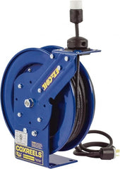 CoxReels - 12 AWG, 50' Cable Length, Cord & Cable Reel with Quad Outlet End - 4 Outlets, NEMA 5-20R, 20 Amps, 115 Volts, SJO Cable, Blue Reel, Spring Driven Reel - Exact Tooling