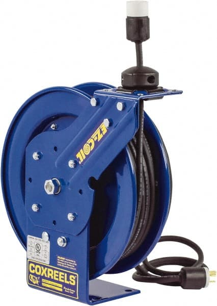 CoxReels - 12 AWG, 50' Cable Length, Cord & Cable Reel with Outlet End - 1 Outlet, NEMA 5-20R, 20 Amps, 115 Volts, SJO Cable, Blue Reel, Spring Driven Reel - Exact Tooling
