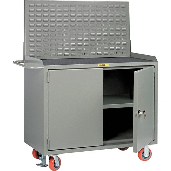 Little Giant - 3,600 Lb Capacity, 3 Shelf, 2 Door Mobile Bench Cabinet with Louvered Panel - 41" Wide x 24" Deep x 43" High, Steel, Gray - Exact Tooling