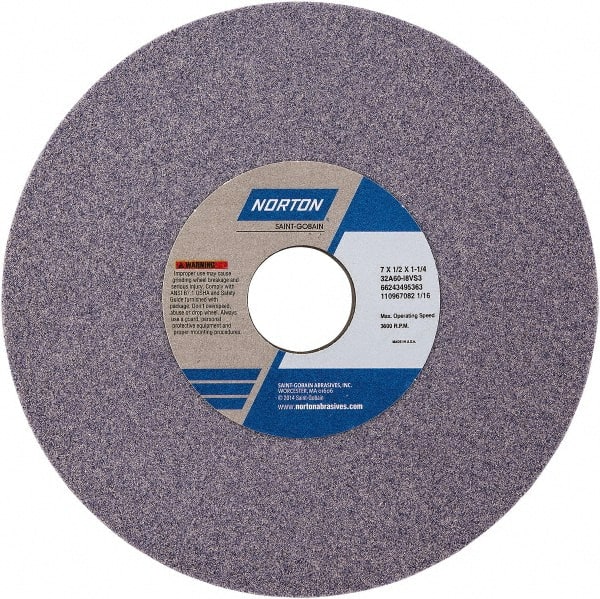 Norton - 7" Diam x 1-1/4" Hole x 1/2" Thick, J Hardness, 60 Grit Surface Grinding Wheel - Aluminum Oxide, Type 1, Medium Grade, Vitrified Bond - Exact Tooling
