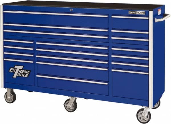 EXTREME TOOLS - 19 Drawer Steel/Aluminum Tool Roller Cabinet - 72" Wide x 47" High x 25" Deep, Ball Bearing Drawer Slides, Blue - Exact Tooling