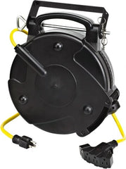 Value Collection - 12 AWG, 65' Cable Length, Cord & Cable Reel with Quad Tap Nema 5-15 End - 4 Outlets, NEMA 5-15R, 15 Amps, 120 Volts, SJTOW Cable, Black Reel, Spring Driven Reel - Exact Tooling