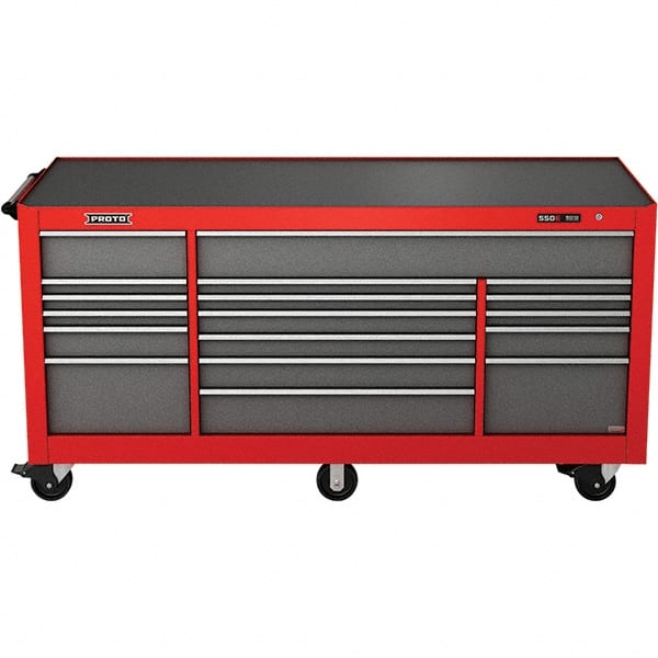Proto - 48,654 Lb Capacity, 18 Drawer Mobile Power Workstation - 88-1/4" Wide x 27" Deep x 46-3/8" High, Steel, Safety Red & Gray - Exact Tooling