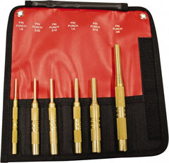 Mayhew - 6 Piece, 1/8 to 3/8", Pin Punch Set - Round Shank, Brass, Comes in Pouch - Exact Tooling