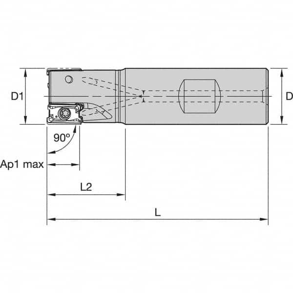 Kennametal - 16mm Cut Diam, 11mm Max Depth of Cut, 16mm Shank Diam, 74mm OAL, Indexable Square Shoulder End Mill - LNGU110408SRGE Inserts, Weldon Shank, 0° Lead Angle, Through Coolant, Series Mill 4-11 - Exact Tooling