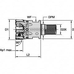 Kennametal - 25mm Cut Diam, 11mm Max Depth of Cut, 62mm OAL, Indexable Square Shoulder End Mill - LNGU110408SRGE Inserts, M12 Modular Connection, 0° Lead Angle, Through Coolant, Series Mill 4-11 - Exact Tooling