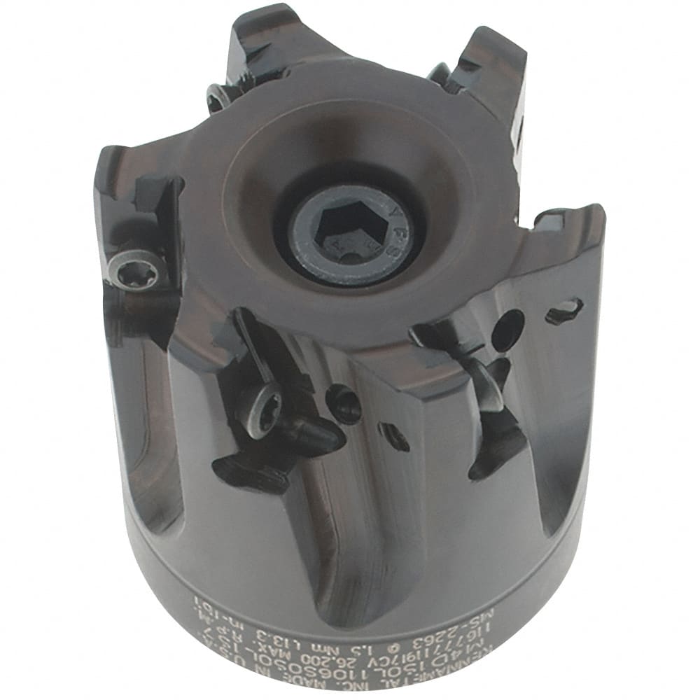 Kennametal - 6 Inserts, 1-1/2" Cut Diam, 1/2" Arbor Diam, 11mm Max Depth of Cut, Indexable Square-Shoulder Face Mill - 0° Lead Angle, 40mm High, LNGU110408SRGE Insert Compatibility, Through Coolant, Series Mill 4-11 - Exact Tooling