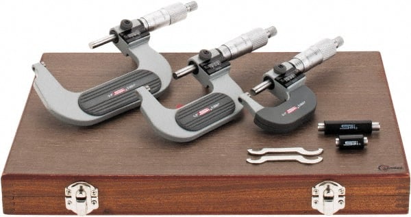 SPI - 0 to 3" Range, 3 Piece Mechanical Outside Micrometer Set - 0.0001" Graduation, 0.0001, 0.0002" Accuracy, Ratchet Stop Thimble, Carbide Face - Exact Tooling