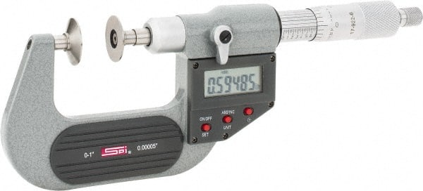 SPI - 0 to 1", IP54, Ratchet Stop Thimble, Electronic Disc Micrometer - 0.0001" Accuracy, 0.79" Disc, 0.00005" Resolution, 0.31" Spindle Diam, Steel Face, NIST Traceability Certification Included - Exact Tooling