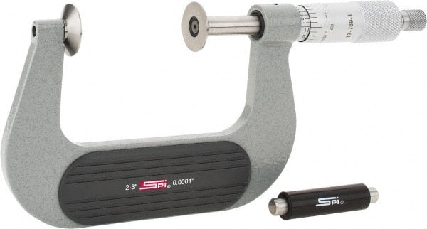 SPI - 2 to 3", Ratchet Stop Thimble, Mechanical Disc Micrometer - 0.0002" Accuracy, 0.79" Disc, 0.0001" Resolution, 0.31" Spindle Diam, Steel Face, NIST Traceability Certification Included - Exact Tooling