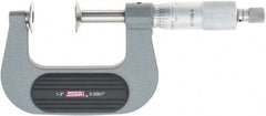 SPI - 1 to 2", Ratchet Stop Thimble, Mechanical Disc Micrometer - 0.0002" Accuracy, 0.79" Disc, 0.0001" Resolution, 0.31" Spindle Diam, Steel Face, NIST Traceability Certification Included - Exact Tooling