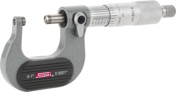 SPI - Mechanical, 0 to 1" Measurement, Painted Finish Carbide Face Ball Anvil Micrometer - 0.0001" Graduation, Ratchet Stop Thimble - Exact Tooling
