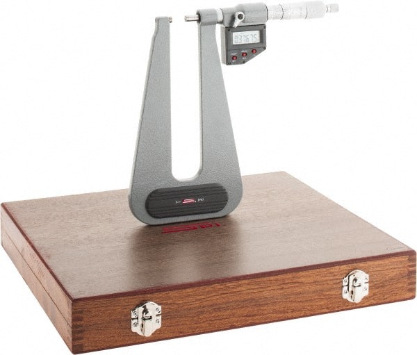 SPI - 0 to 1" Range, 0.00005" Resolution, Deep Throat IP65 Electronic Outside Micrometer - 0.0003" Accuracy, Ratchet Stop Thimble, Carbide Face, LR44 Battery, Includes NIST Traceable Certification of Inspection - Exact Tooling