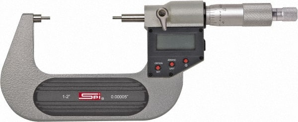 SPI - 0 to 1 Inch, 1.26 Inch Throat Depth, Electronic Spline Micrometer - 0.0001 Inch Accuracy, 0.00005 Inch Graduation, 0.25 Inch Spindle Diameter, 3mm Head Diameter, Ratchet Stop Thimble, Data Output - Exact Tooling