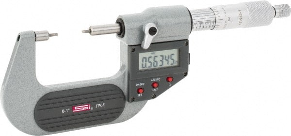SPI - 0 to 1 Inch, 1.26 Inch Throat Depth, Electronic Spline Micrometer - 0.0001 Inch Accuracy, 0.00005 Inch Graduation, 0.25 Inch Spindle Diameter, 2mm Head Diameter, Ratchet Stop Thimble, Data Output - Exact Tooling