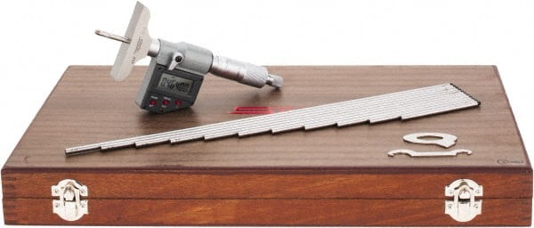 SPI - 0 to 300mm Range, 2-1/2" Base Length, 12 Rods, Ratchet Stop Thimble, Electronic Depth Micrometer - IP65, 0.00005" Resolution, Accurate to 0.007mm, 0.176" Rod Diam, LR44 Battery, Data Output - Exact Tooling