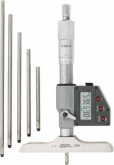SPI - 0 to 150mm Range, 4" Base Length, 6 Rods, Ratchet Stop Thimble, Electronic Depth Micrometer - IP65, 0.00005" Resolution, Accurate to 0.005mm, 0.176" Rod Diam, LR44 Battery, Data Output - Exact Tooling