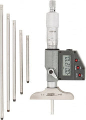 SPI - 0 to 150mm Range, 2-1/2" Base Length, 6 Rods, Ratchet Stop Thimble, Electronic Depth Micrometer - IP65, 0.00005" Resolution, Accurate to 0.005mm, 0.176" Rod Diam, LR44 Battery, Data Output - Exact Tooling
