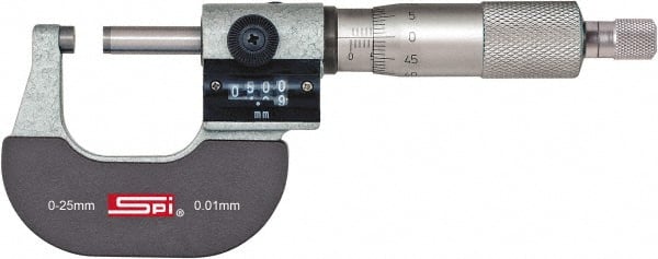 SPI - 0 to 25mm Range, 0.01mm Graduation, Mechanical Outside Micrometer - Ratchet Stop Thimble, 24mm Throat Depth, Accurate to 0.004mm, Digital Counter - Exact Tooling