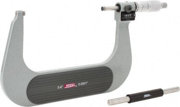 SPI - 5 to 6" Range, 0.0001" Graduation, Mechanical Outside Micrometer - Ratchet Stop Thimble, 3.23" Throat Depth, Accurate to 0.0002", Digital Counter - Exact Tooling