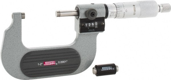 SPI - 1 to 2" Range, 0.0001" Graduation, Mechanical Outside Micrometer - Ratchet Stop Thimble, 1.26" Throat Depth, Accurate to 0.0002", Digital Counter - Exact Tooling
