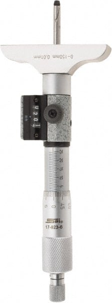 SPI - 0 to 150mm Range, 6 Rod, Mechanical Depth Micrometer - Ratchet Stop Thimble, 63mm Base Length, 0.01mm Graduation, 4.5mm Rod Diam - Exact Tooling